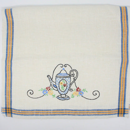 Tea Towels / Fingertip Towels, Embroidered Teapot, Blue and Yellow, Vintage Linen