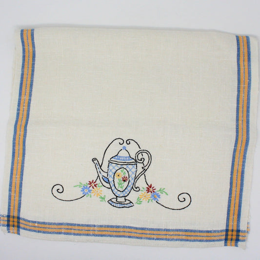 Tea Towels / Fingertip Towels, Embroidered Teapot, Blue and Yellow, Vintage Linen
