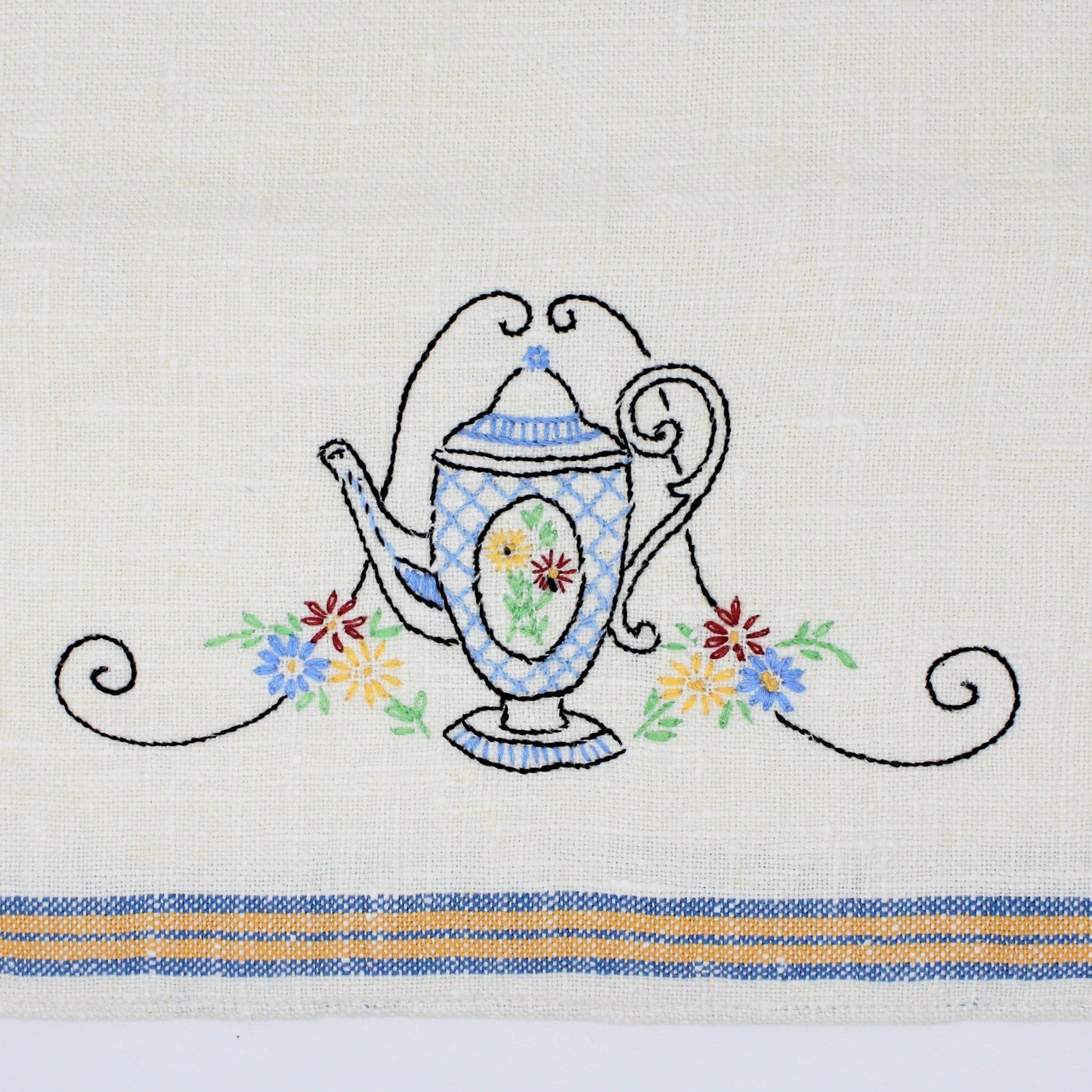Tea Towels / Fingertip Towels, Embroidered Teapot, Blue and Yellow, Vintage Linen
