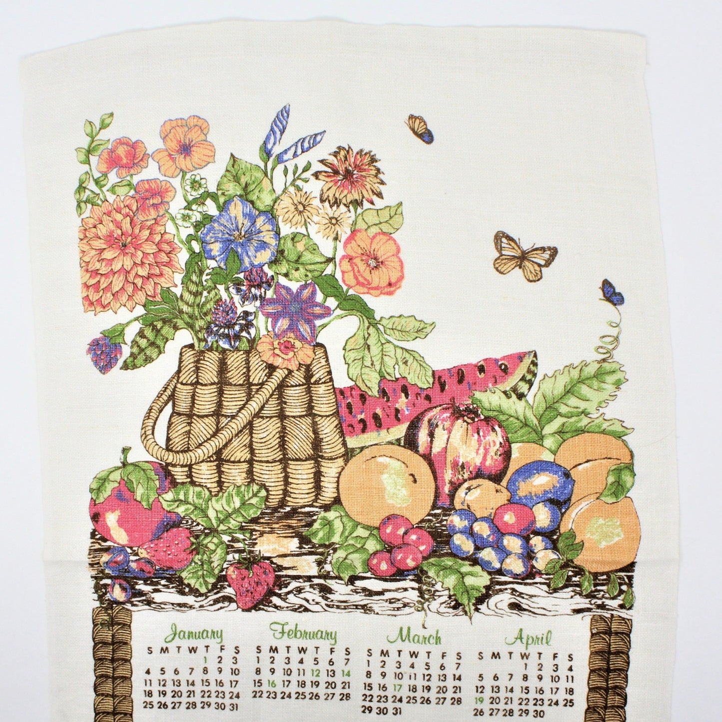 Calendar Tea Towel, 1981, Basket with Flowers & Fruits, Vintage Linen