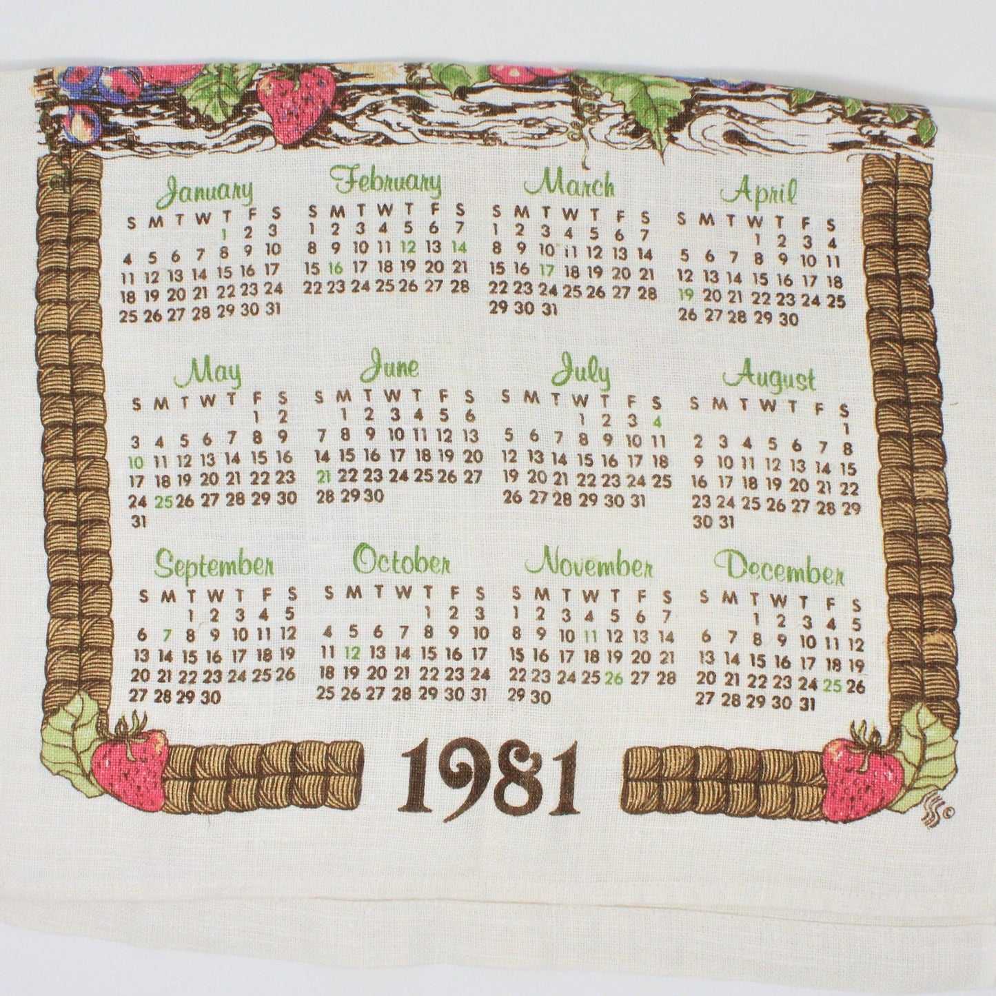 Calendar Tea Towel, 1981, Basket with Flowers & Fruits, Vintage Linen