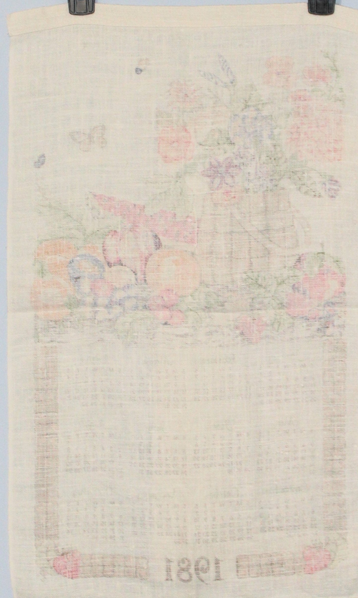 Calendar Tea Towel, 1981, Basket with Flowers & Fruits, Vintage Linen
