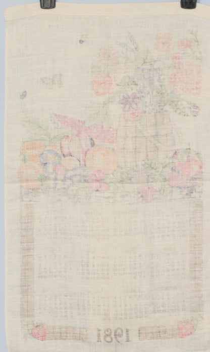 Calendar Tea Towel, 1981, Basket with Flowers & Fruits, Vintage Linen