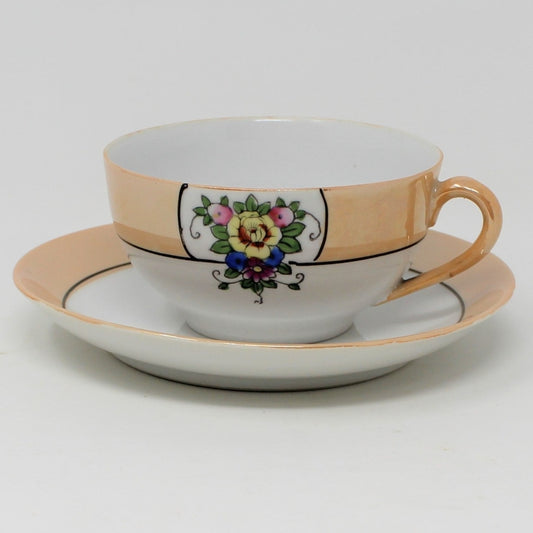 Teacup and Saucer, Noritake Morimura, Lusterware Hand Painted Floral, Vintage