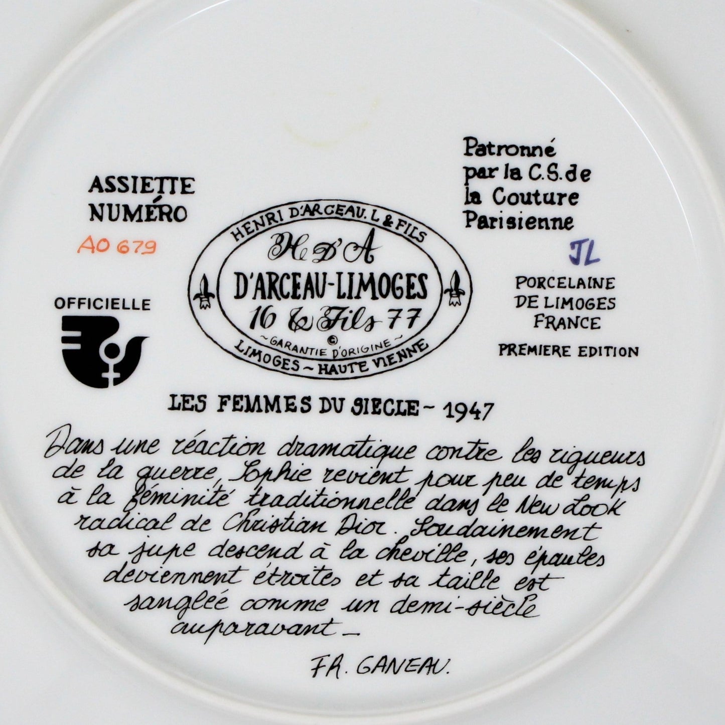 Decorative Plate, D'Arceau Limoges, F Ganeau Les Femmes du Siecle - Women of The Century, Sophie La Feminite Retrouvee, Vintage 1978