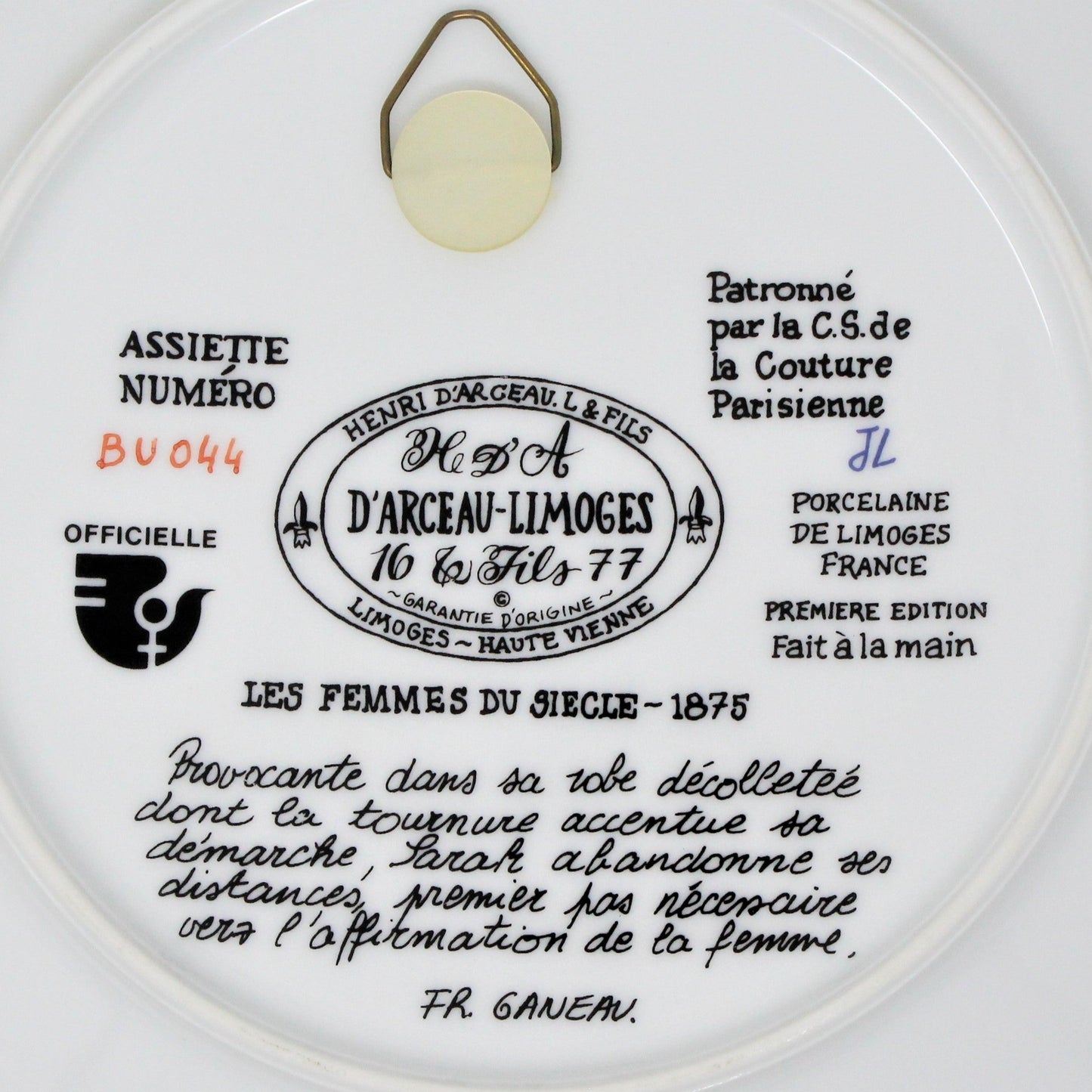Decorative Plate, D'Arceau Limoges, F Ganeau Les Femmes du Siecle - Women of The Century, Sarah En Tournure, Vintage 1976