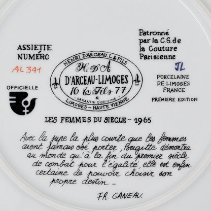 Decorative Plate, D'Arceau Limoges, F Ganeau Les Femmes du Siecle - Women of The Century, Brigette en Mini-Jupe  Vintage 1979