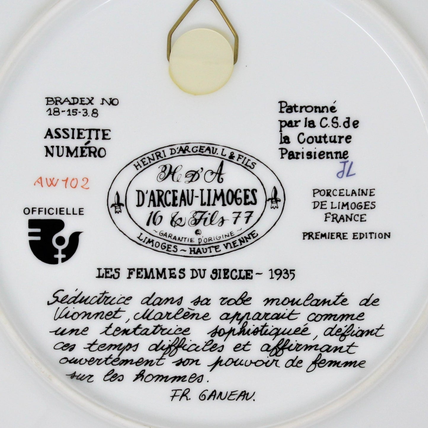 Decorative Plate, D'Arceau Limoges, F Ganeau Les Femmes du Siecle - Women of The Century, Marlene la Vamp la Femme Sophistiquee, Vintage 1978