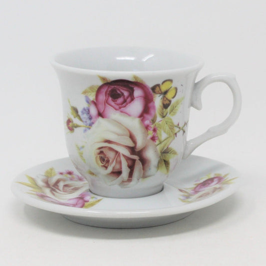 Teacup and Saucer, Pink & Peach Roses, Porcelain