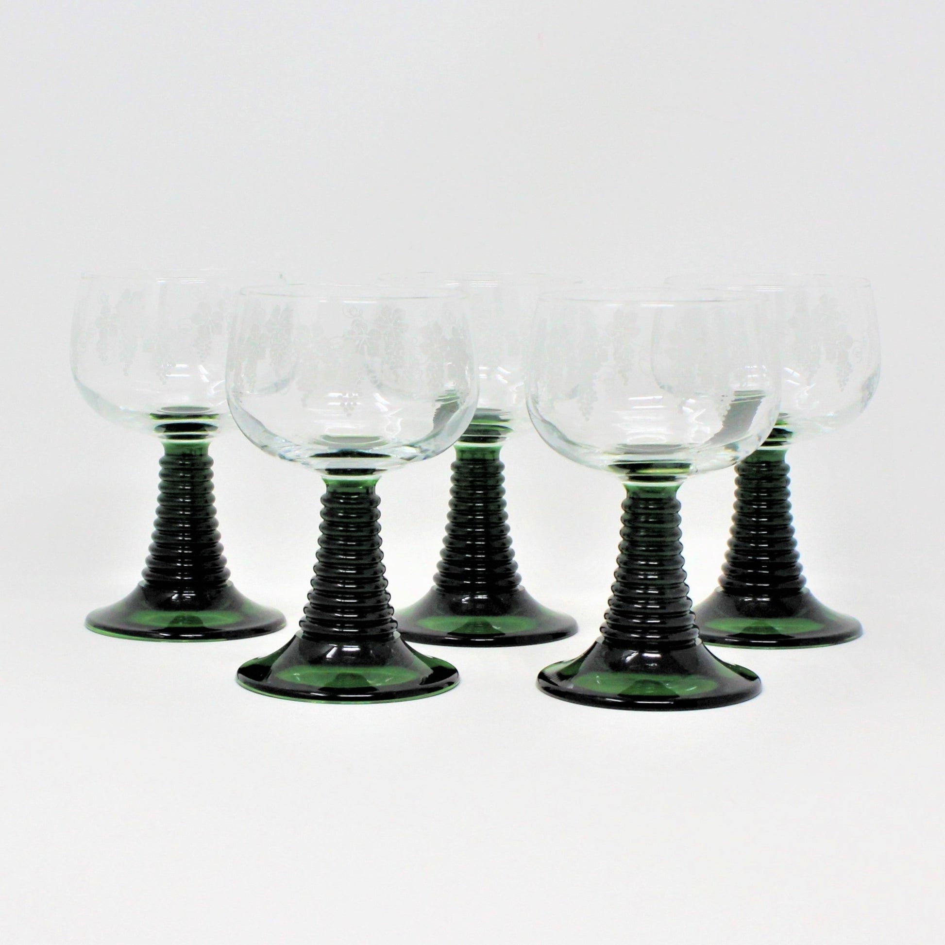 Vintage Glass Etched Grape Cluster Green Stem Wine Glasses 4 