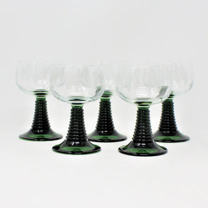 Wine Glasses, Cristal d'Arques, Roemer Green Stem, Etched Grapes, Set of 5, France, Vintage, SOLD