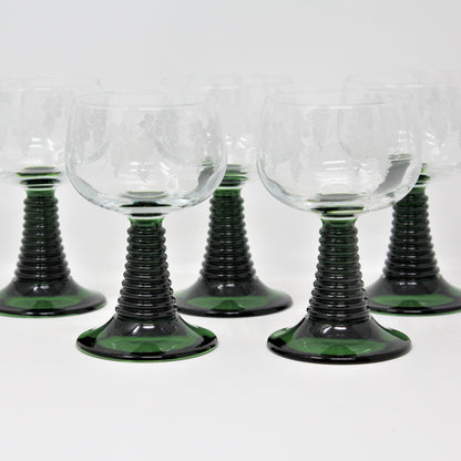 Wine Glasses, Cristal d'Arques, Roemer Green Stem, Etched Grapes, Set of 5, France, Vintage, SOLD