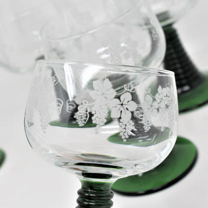 Wine Glasses, Cristal d'Arques, Roemer Green Stem, Etched Grapes, Set of 5, France, Vintage, SOLD