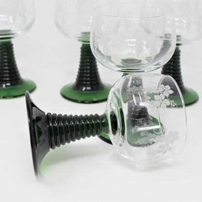 Wine Glasses, Cristal d'Arques, Roemer Green Stem, Etched Grapes, Set of 5, France, Vintage, SOLD
