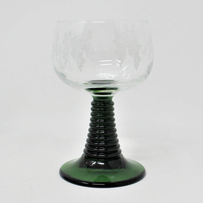 Wine Glasses, Cristal d'Arques, Roemer Green Stem, Etched Grapes, Set of 5, France, Vintage, SOLD