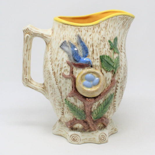 Pitcher, Bird Nest Faux Bois, Hand Painted Ceramic, Vintage