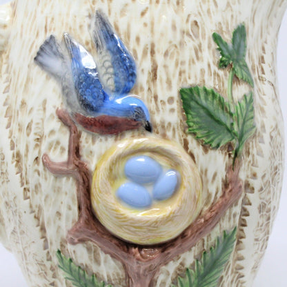 Pitcher, Bird Nest Faux Bois, Hand Painted Ceramic, Vintage