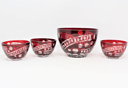 Salad Bowl Set, Ruby Red Cut To Clear, Bohemia Crystal, Set of 4, Vintage