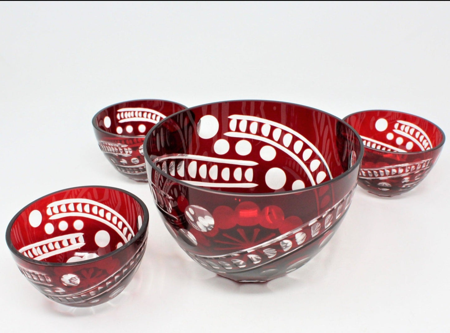 Salad Bowl Set, Ruby Red Cut To Clear, Bohemia Crystal, Set of 4, Vintage
