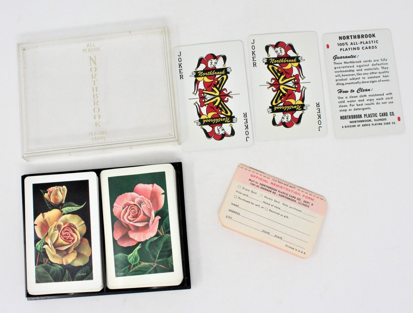 Playing Cards, Northbrook, Plastic Cards, Pink & Yellow Roses with Case, Vintage