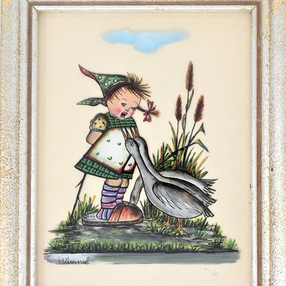 Painting, Hummel Girl with Geese, Reverse Painting on Glass, Framed, Vintage Germany