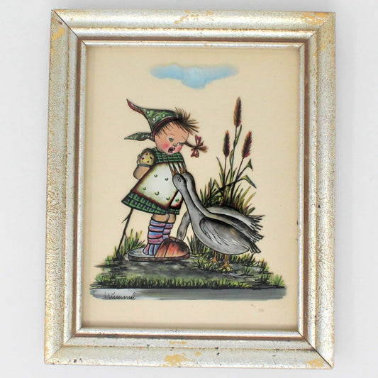 Painting, Hummel Girl with Geese, Reverse Painting on Glass, Framed, Vintage Germany