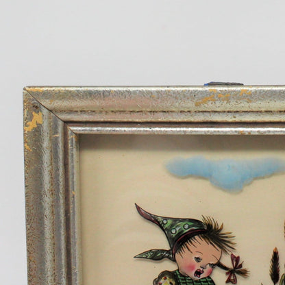 Painting, Hummel Girl with Geese, Reverse Painting on Glass, Framed, Vintage Germany