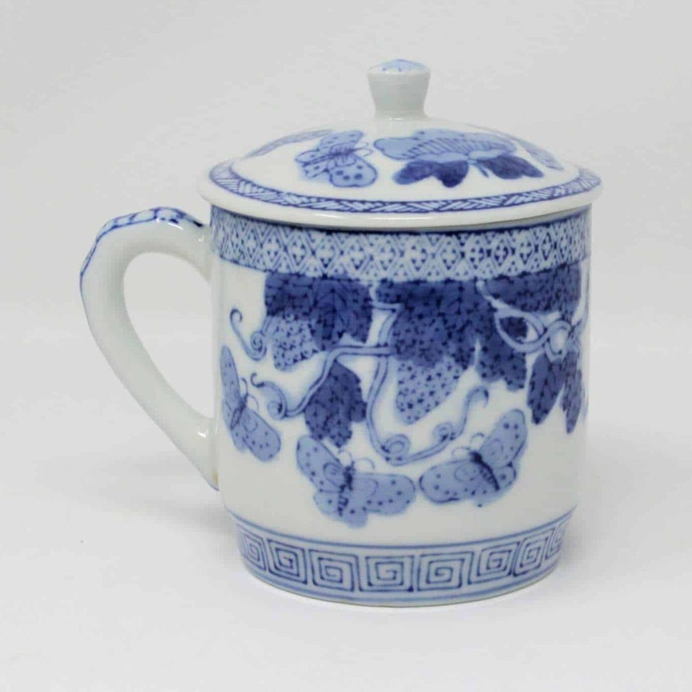Mug with Lid, Blue & White Oriental Butterflies & Strawberries, China