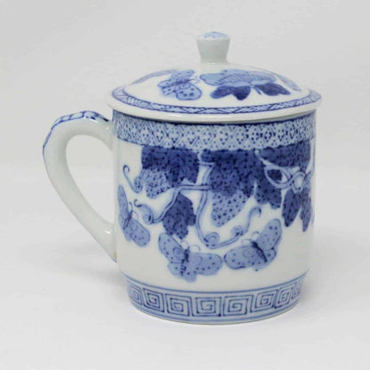 Mug with Lid, Blue & White Oriental Butterflies & Strawberries, China