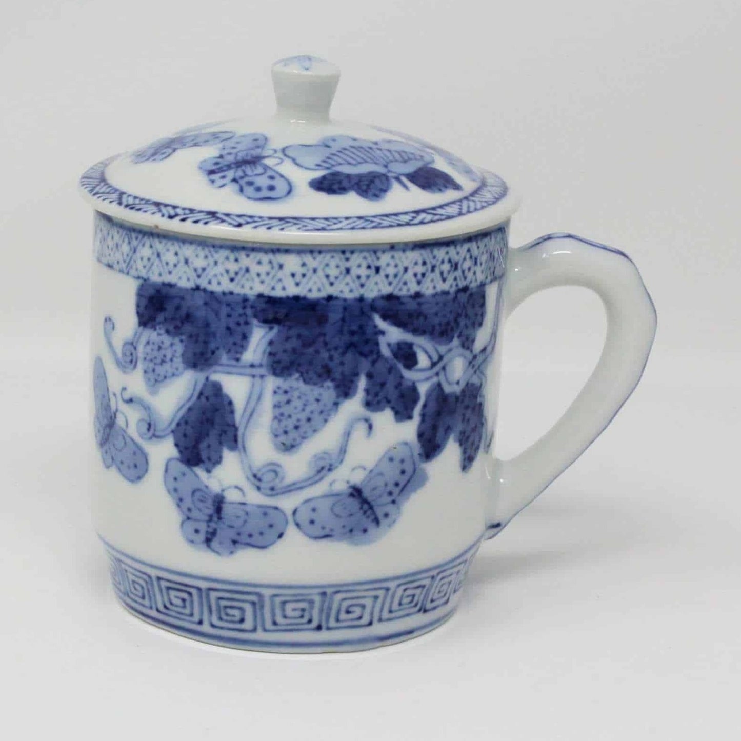 Mug with Lid, Blue & White Oriental Butterflies & Strawberries, China