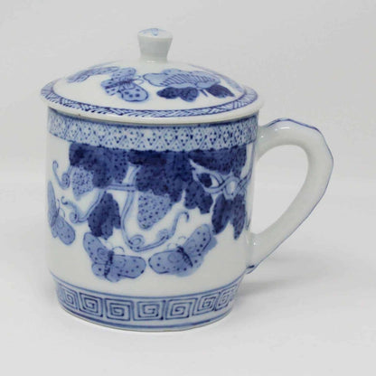 Mug with Lid, Blue & White Oriental Butterflies & Strawberries, China