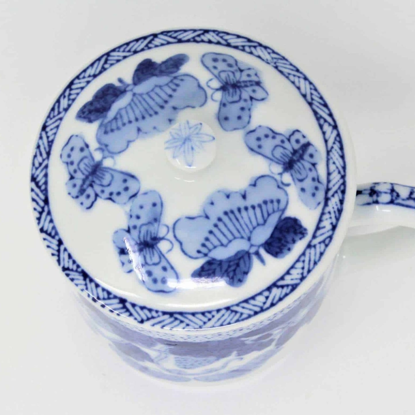 Mug with Lid, Blue & White Oriental Butterflies & Strawberries, China