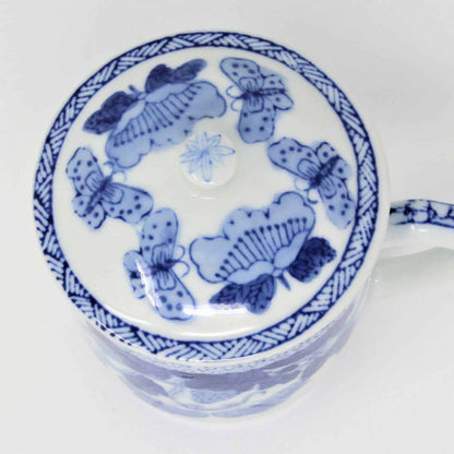 Mug with Lid, Blue & White Oriental Butterflies & Strawberries, China