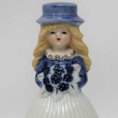 Bell, Figural Girl with Hat, Blue & White, Porcelain, Vintage