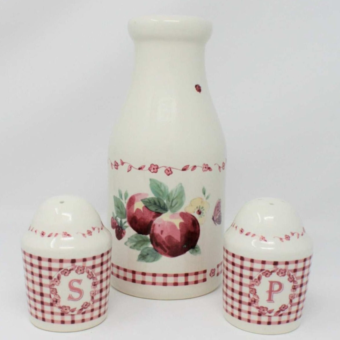 Milk Pitcher / Creamer, Pfaltzgraff, Delicious, Milk Bottle, Red Gingham/Apples, Ceramic