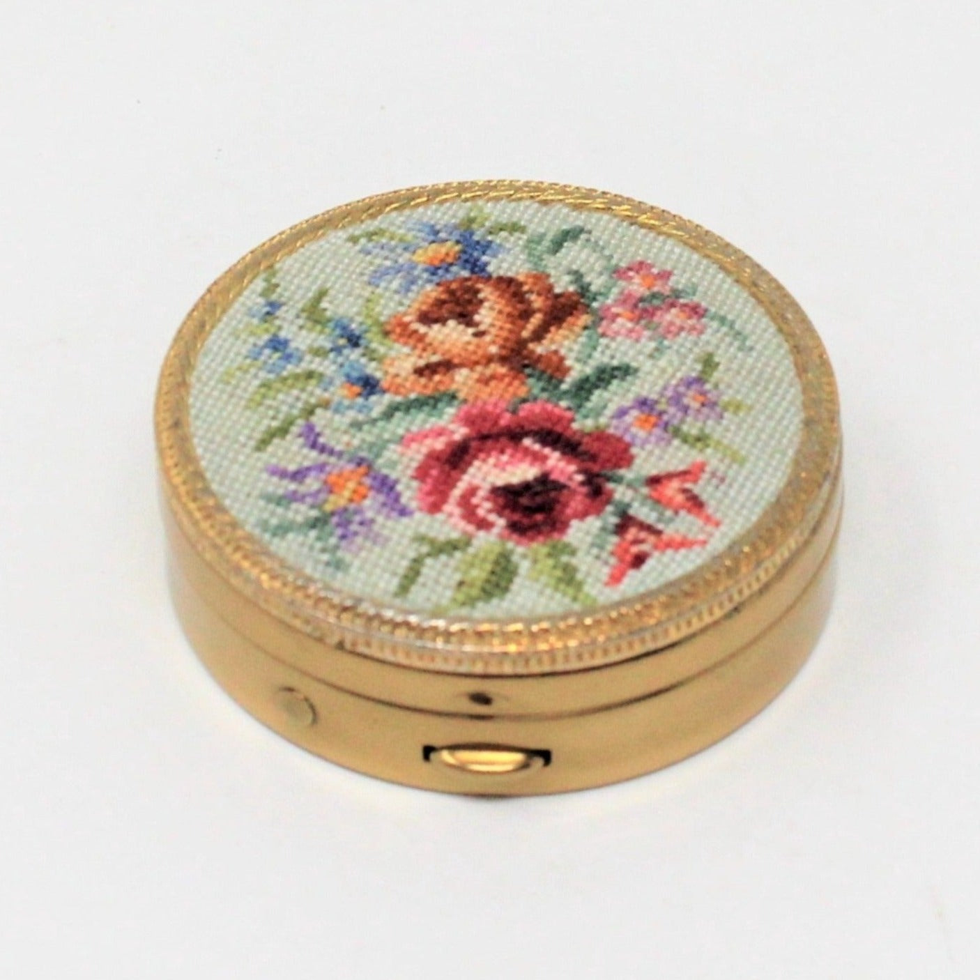 Pill Box, Petit Point Needlepoint Roses, Brass, Hinged, Vintage, SOLD