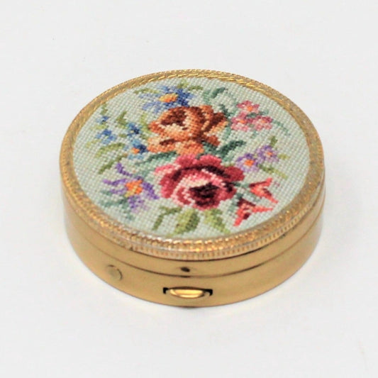 Pill Box, Petit Point Needlepoint Roses, Brass, Hinged, Vintage, SOLD