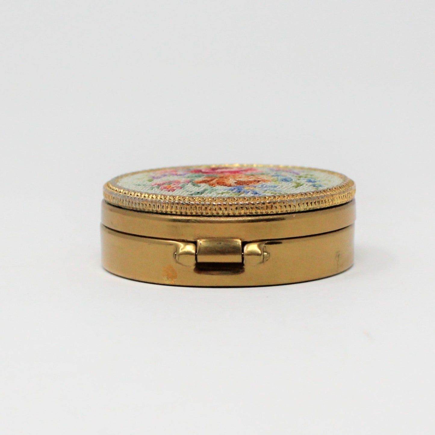 Pill Box, Petit Point Needlepoint Roses, Brass, Hinged, Vintage