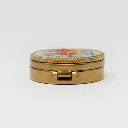 Pill Box, Petit Point Needlepoint Roses, Brass, Hinged, Vintage