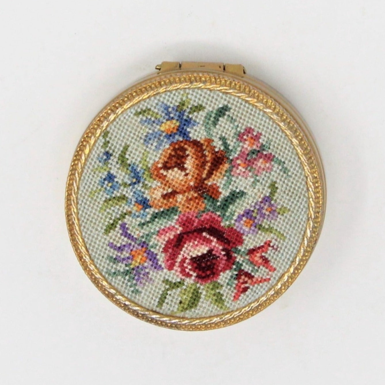 Pill Box, Petit Point Needlepoint Roses, Brass, Hinged, Vintage