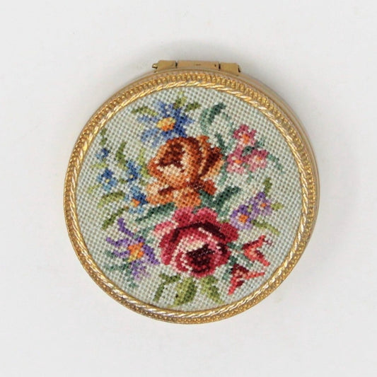 Pill Box, Petit Point Needlepoint Roses, Brass, Hinged, Vintage, SOLD