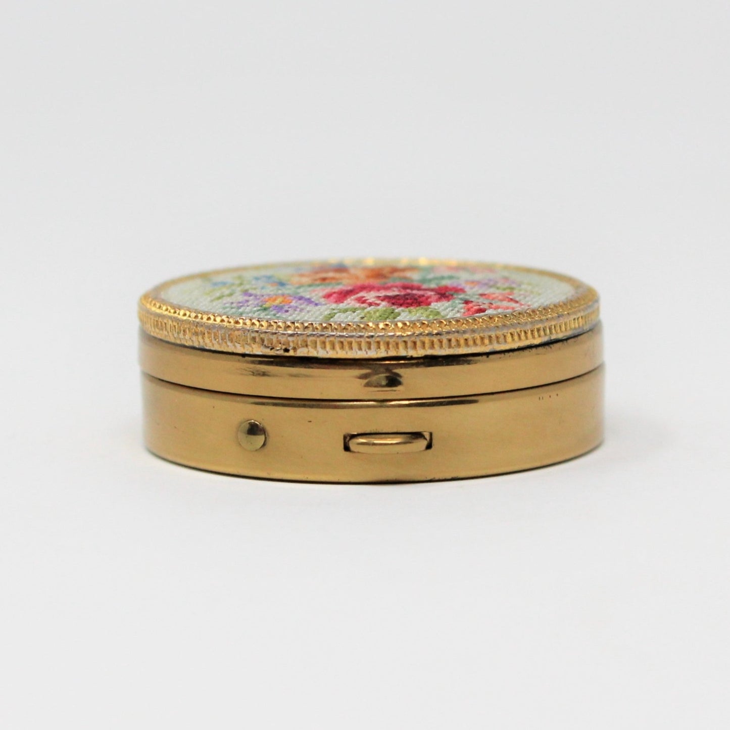 Pill Box, Petit Point Needlepoint Roses, Brass, Hinged, Vintage