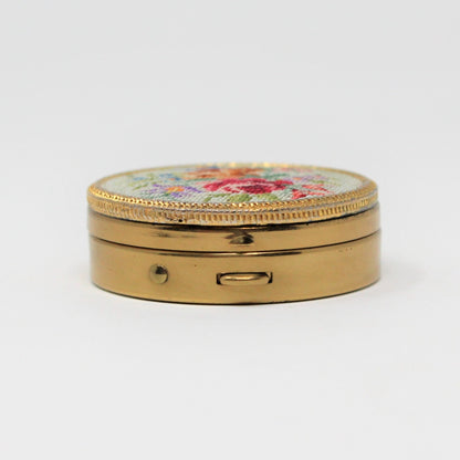 Pill Box, Petit Point Needlepoint Roses, Brass, Hinged, Vintage