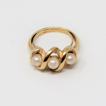 Ring, Avon, 3-Pearl Faux, Gold Tone, Adjustable, Vintage