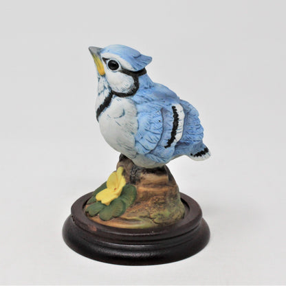 Figurine, Sadek, Baby Bird Bluejay, Porcelain on Wood Base, Vintage, SOLD
