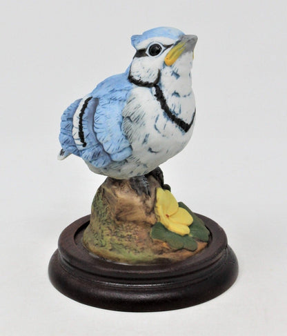 Figurine, Sadek, Baby Bird Bluejay, Porcelain on Wood Base, Vintage, SOLD