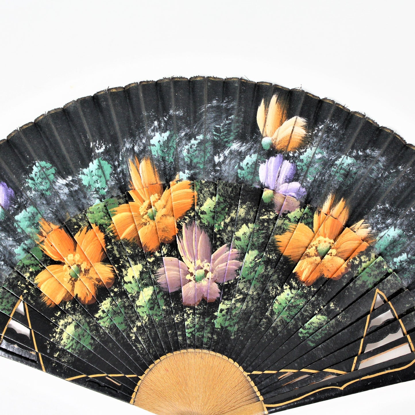 Hand Fan, Spanish Style, Hand Painted, Wood Open Cut-Work, Flowers Orange & Purple, Vintage