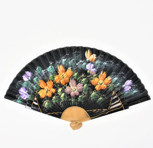Hand Fan, Spanish Style, Hand Painted, Wood Open Cut-Work, Flowers Orange & Purple, Vintage