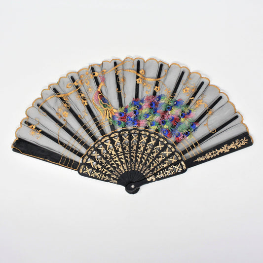 Hand Fan, Oriental Style, Embroidered Pink Crest Peacock, Cut-Work, China