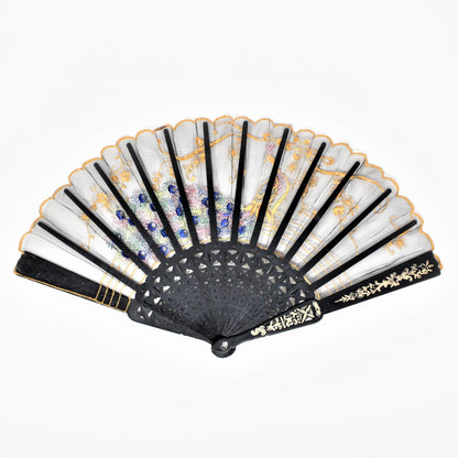 Hand Fan, Oriental Style, Embroidered Pink Crest Peacock, Cut-Work, China